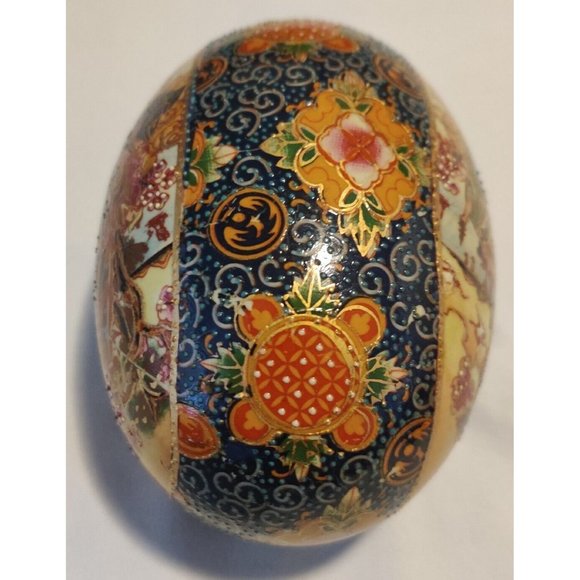 Vintage Chinese Ceramic Eggs Large 5x3" Festive Hand Painted W/ Wooden Pedestal - Picture 15 of 16